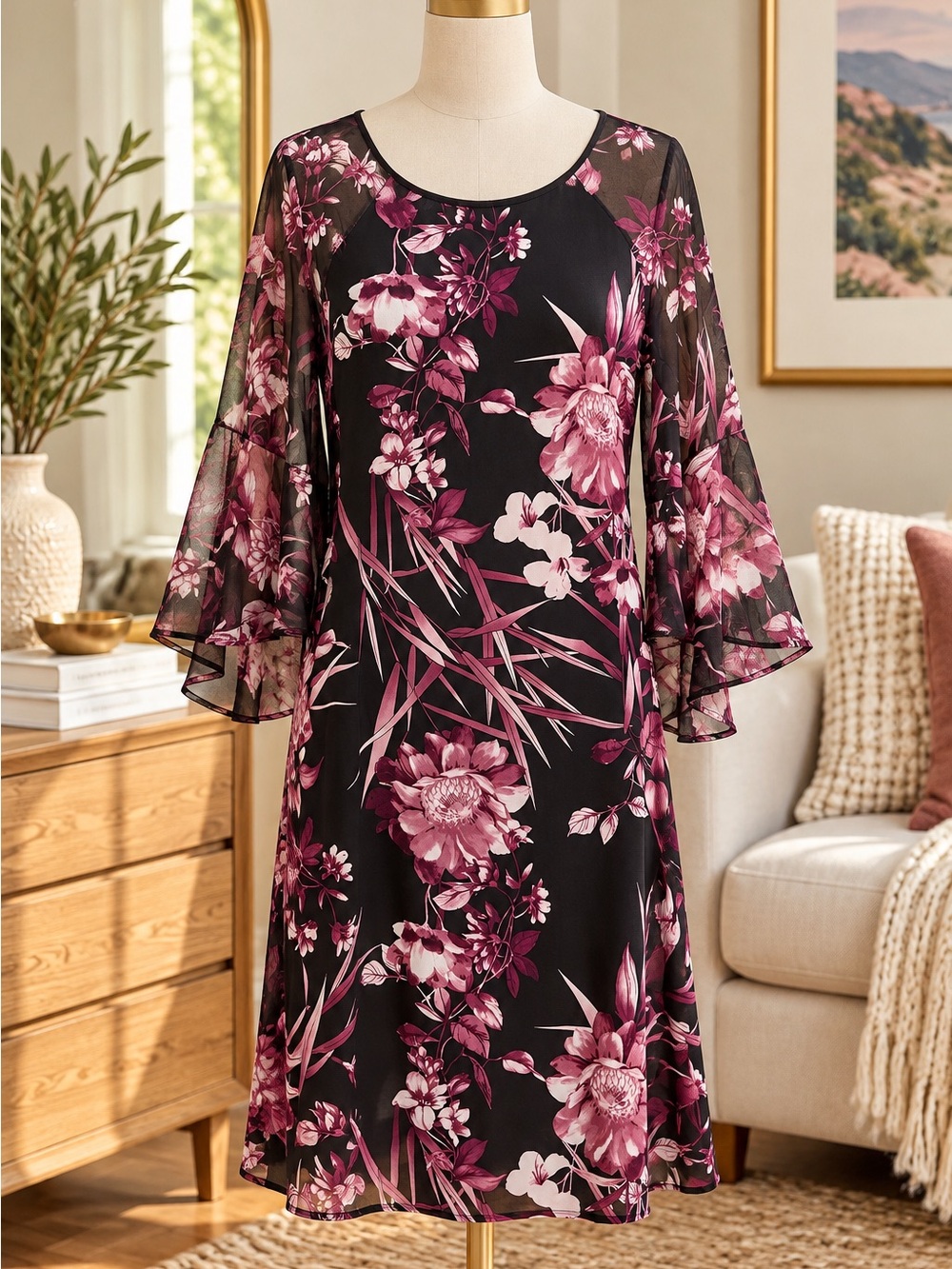 connected apparel Black Nightdress with Magenta Floral Print
